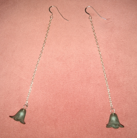 Smoky Blue Flower Earrings Solid 925 Sterling Silver Ear Hooks Long Dangle Chain - Picture 6 of 10